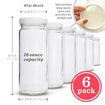 All About Juicing Clear Glass Water Bottles Set - 6 Pack Wide Mouth with Lids for Juice, Smoothies, Beverage Storage - 16 oz, Durable, Reusable, Dishwasher Safe, Leak Proof (White Caps)