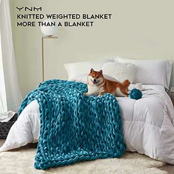 YnM Velvet Knitted Weighted Blanket, Hand Made Chunky Knit Weighted Throw for Sleep, Stress or Home Décor, Rest and Relax in Style Handmade Weighted Blankets (Lake Green, 50''x60'' 10lbs)