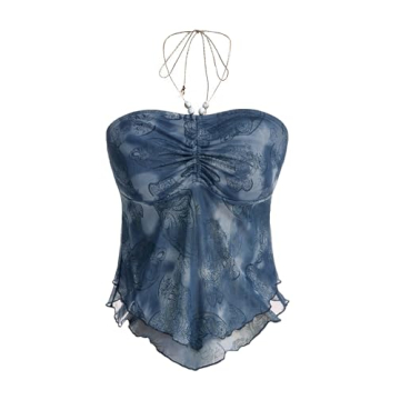 Floerns Beaded Halter Ruched Lettuce Trim Cami Crop Top