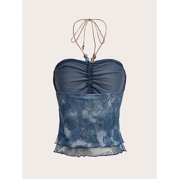 Floerns Beaded Halter Ruched Lettuce Trim Cami Crop Top