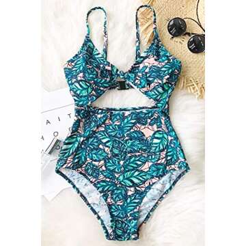 Cupshe Fashion Women's Lush Leaves Print Back Hook Closure Cut Out at Length One-Piece Swimsuit Beach Swimwear Bathing Suit, Green, Small