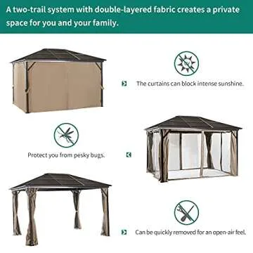 YITAHOME 10x12 ft Hardtop Gazebo Aluminum Polycarbonate Canopy Outdoor Gazebos for Patio, with Mosquito Netting and Privacy Curtain for Garden, Backyard, Deck, Lawns Brown