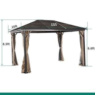 YITAHOME 10x12 ft Hardtop Gazebo Aluminum Polycarbonate Canopy Outdoor Gazebos for Patio, with Mosquito Netting and Privacy Curtain for Garden, Backyard, Deck, Lawns Brown