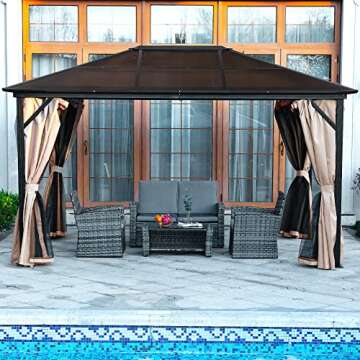 YITAHOME 10x12 ft Hardtop Gazebo Aluminum Polycarbonate Canopy Outdoor Gazebos for Patio, with Mosquito Netting and Privacy Curtain for Garden, Backyard, Deck, Lawns Brown