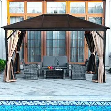 YITAHOME 10x12 ft Hardtop Gazebo Aluminum Polycarbonate Canopy Outdoor Gazebos for Patio, with Mosquito Netting and Privacy Curtain for Garden, Backyard, Deck, Lawns Brown