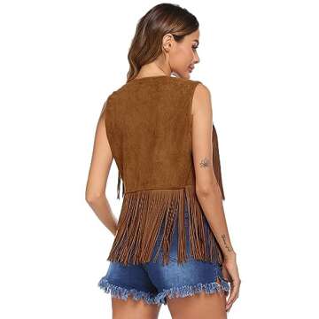 HOTLOOX Vintage Fringe Vest Sleeveless Faux Suede Country Concert Tops 70s Disco Outfits for Women