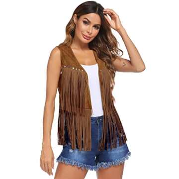 HOTLOOX Vintage Fringe Vest Sleeveless Faux Suede Country Concert Tops 70s Disco Outfits for Women