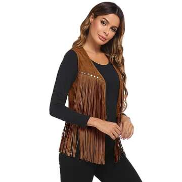 HOTLOOX Vintage Fringe Vest Sleeveless Faux Suede Country Concert Tops 70s Disco Outfits for Women