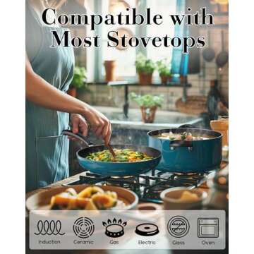 Cook N Home Pots and Pans Nonstick Cookware Set 12-Piece, Kitchen Cooking Set with Frying Pans and Saucepans, Induction Compatible, Turquoise