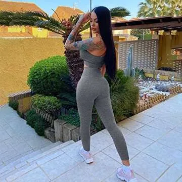HYZ Women's Workout 2 Piece Outfit High Waist Sports Legging Stretch Yoga Crop Top Bra Sets Grey