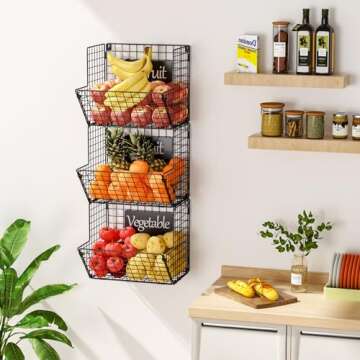 X-cosrack Metal Wire Basket Wall Mount, 3 Tier Wall Storage Basket Organizer with Chalkboards Hooks,...