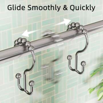 Amazer Shower Curtain Rings, Rust-Resistant Metal Double Shower Hooks for Curtain Rolling Shower Curtain Hooks Rings Shower Rings for Bathroom Shower Curtain Rod, Chrome, Set of 12 Rings