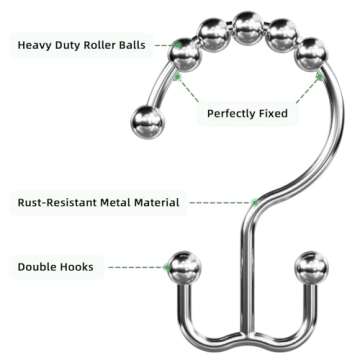 Amazer Shower Curtain Rings, Rust-Resistant Metal Double Shower Hooks for Curtain Rolling Shower Curtain Hooks Rings Shower Rings for Bathroom Shower Curtain Rod, Chrome, Set of 12 Rings