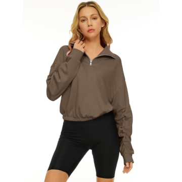 Trendy Queen Womens Sweatshirts Half Zip Pullover Hoodies Quarter Zip Long Sleeve Cropped Fall Outfits Fashion Clothes 2024 Coffee
