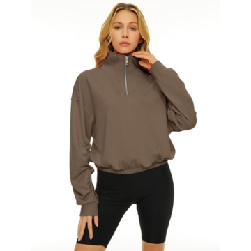 Trendy Queen Womens Sweatshirts Half Zip Pullover Hoodies Quarter Zip Long Sleeve Cropped Fall Outfits Fashion Clothes 2024 Coffee