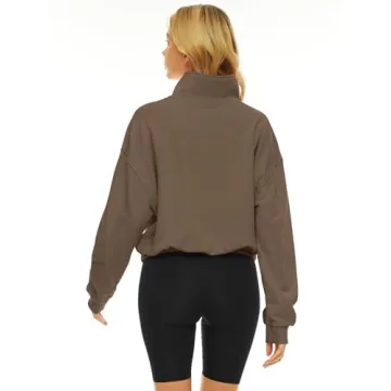 Trendy Queen Womens Sweatshirts Half Zip Pullover Hoodies Quarter Zip Long Sleeve Cropped Fall Outfits Fashion Clothes 2024 Coffee