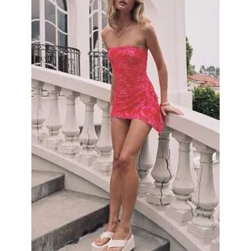 ZINTAOZT Womens Y2K Bodycon Tube Tops Dress Sexy Sleeveless Off Shoulder Going Out Dress Summer Club Party Dress Streetwear (Floral Red, S)