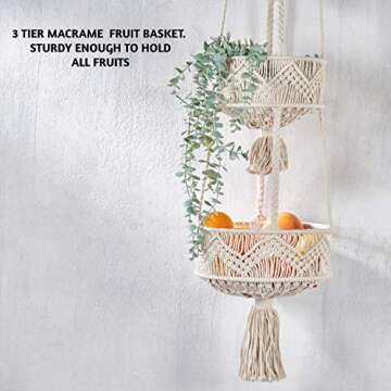 Folkulture 3 Tier Hanging Fruit Basket for Kitchen, Macrame Hanging Basket for Fruit and Vegetable S...