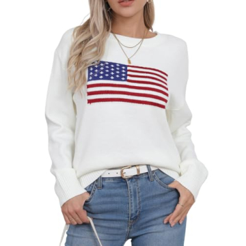 Drvitor Womens American Flag Sweater Long Sleeve Crew Neck Knitted Casual Pullover Sweater (White, Medium)