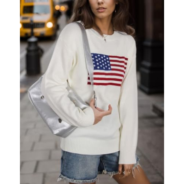 Drvitor Womens American Flag Sweater Long Sleeve Crew Neck Knitted Casual Pullover Sweater (White, Medium)
