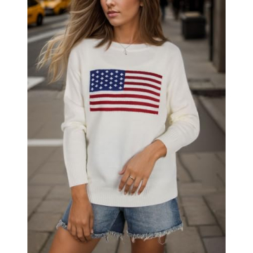 Drvitor Womens American Flag Sweater Long Sleeve Crew Neck Knitted Casual Pullover Sweater (White, Medium)