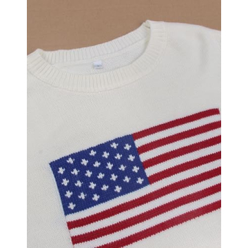 Drvitor Womens American Flag Sweater Long Sleeve Crew Neck Knitted Casual Pullover Sweater (White, Medium)