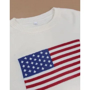 Drvitor Womens American Flag Sweater Long Sleeve Crew Neck Knitted Casual Pullover Sweater (White, Medium)