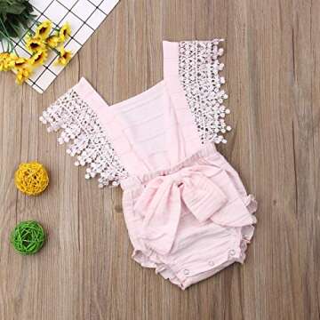 Newborn Baby Girl Chic Clothes Baptism Lace Jumpsuits Bowknot Romper Cotton (Pink, 12-18 Months)