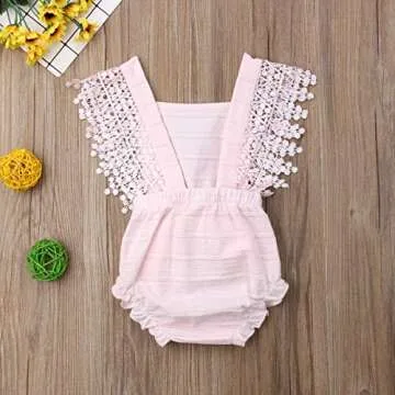 Newborn Baby Girl Chic Clothes Baptism Lace Jumpsuits Bowknot Romper Cotton (Pink, 12-18 Months)