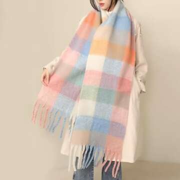 MININAI Chunky Winter Scarfs for Women Cold Weather Warm Knit Thick Plaid Scarf Long Large Oversized Checked Scarves (Pastel)