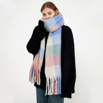 MININAI Chunky Winter Scarfs for Women Cold Weather Warm Knit Thick Plaid Scarf Long Large Oversized Checked Scarves (Pastel)