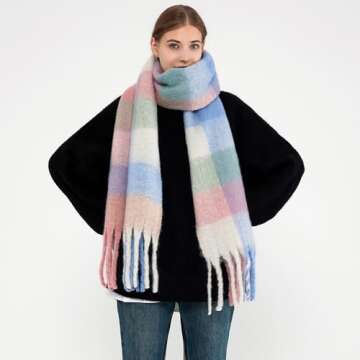 MININAI Chunky Winter Scarfs for Women Cold Weather Warm Knit Thick Plaid Scarf Long Large Oversized Checked Scarves (Pastel)