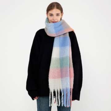 MININAI Chunky Winter Scarfs for Women Cold Weather Warm Knit Thick Plaid Scarf Long Large Oversized Checked Scarves (Pastel)