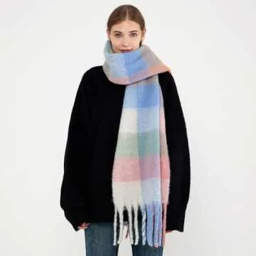 MININAI Chunky Winter Scarfs for Women Cold Weather Warm Knit Thick Plaid Scarf Long Large Oversized Checked Scarves (Pastel)