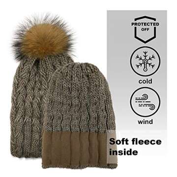 Braxton Knit Hat for Women - Fleece Fur Pom Beanie - Winter Merino Wool Ski Cap Dark Coffee