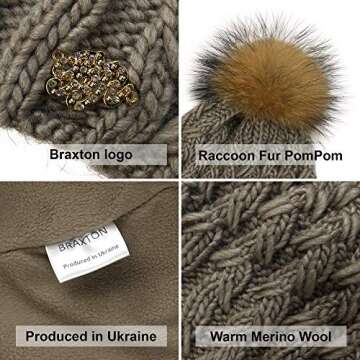 Braxton Knit Hat for Women - Fleece Fur Pom Beanie - Winter Merino Wool Ski Cap Dark Coffee
