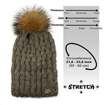 Braxton Knit Hat for Women - Fleece Fur Pom Beanie - Winter Merino Wool Ski Cap Dark Coffee