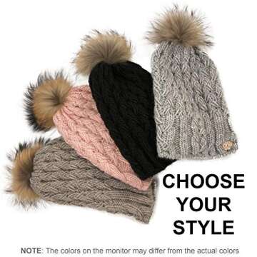 Braxton Knit Hat for Women - Fleece Fur Pom Beanie - Winter Merino Wool Ski Cap Dark Coffee