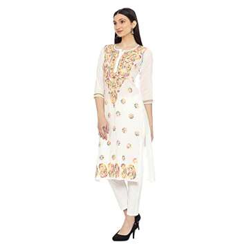 Ada Indian Hand Embroidered Chikankari Cotton Kurta Kurti with Trouser Set for Women A811226 (White, XL)