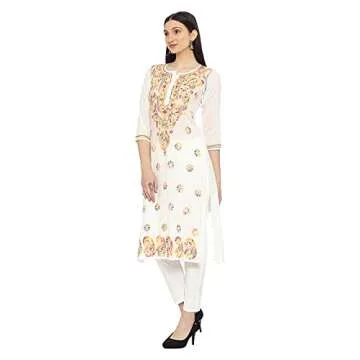 Ada Indian Hand Embroidered Chikankari Cotton Kurta Kurti with Trouser Set for Women A811226 (White, XL)