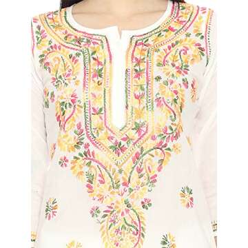 Ada Indian Hand Embroidered Chikankari Cotton Kurta Kurti with Trouser Set for Women A811226 (White, XL)