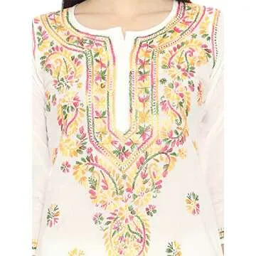 Ada Indian Hand Embroidered Chikankari Cotton Kurta Kurti with Trouser Set for Women A811226 (White, XL)
