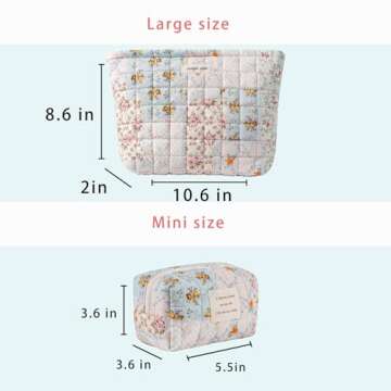uekeboag 2Pcs Cute Quilted Cotton Makeup Bag, Coquette Quilted Aesthetic Cosmetic Zipper Pouch for W...