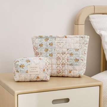 uekeboag 2Pcs Cute Quilted Cotton Makeup Bag, Coquette Quilted Aesthetic Cosmetic Zipper Pouch for Women and Girls,Kawaii Travel Toiletry Bag(01Pink Flower)