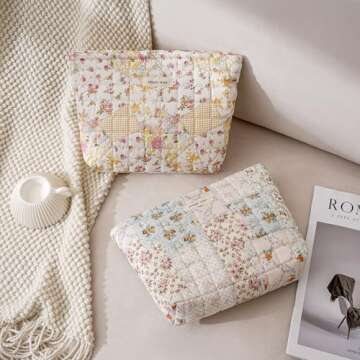 uekeboag 2Pcs Cute Quilted Cotton Makeup Bag, Coquette Quilted Aesthetic Cosmetic Zipper Pouch for Women and Girls,Kawaii Travel Toiletry Bag(01Pink Flower)