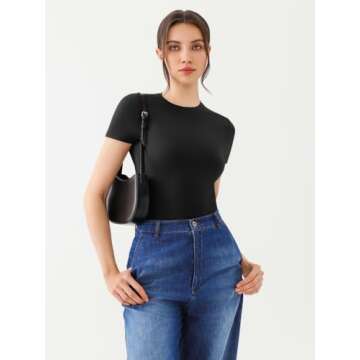 REORIA Women's Crew Neck Short Sleeve Tops Double Lined Slim Fit T Shirts Basic Tee