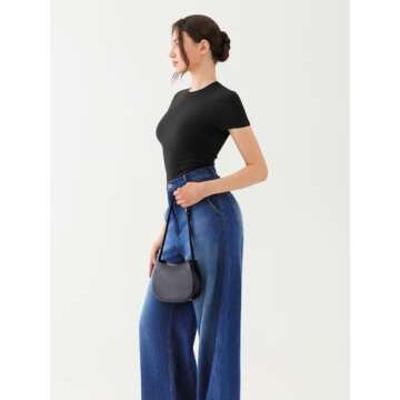 REORIA Women's Crew Neck Short Sleeve Tops Double Lined Slim Fit T Shirts Basic Tee