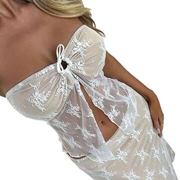 NZNDSHD Women Summer Y2k Sleeveless Tube Tops Off-Shoulder Backless Crop Bandeau Tops Sexy Strapless Vest Shirt Streetwear (S-White Lace, M)