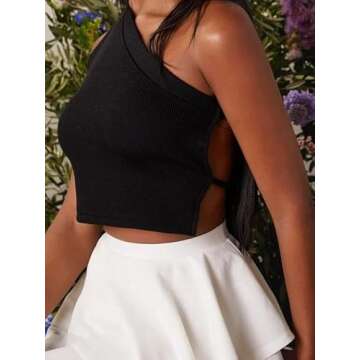 SAFRISIOR Women One Shoulder Backless Knitted Crop Top Sexy Sleeveless Strappy Open Back Cami Tank Tops Hot Black