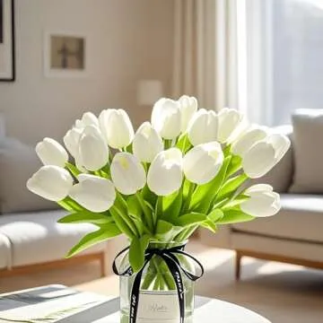 Nature’s Mimic 20pcs White Tulips Artificial Flowers Silk Flowers Fake Tulips Flowers Mother's Day Easter Valentine’S Day Gifts in Home Kitchen Wedding Dining Table Decorations